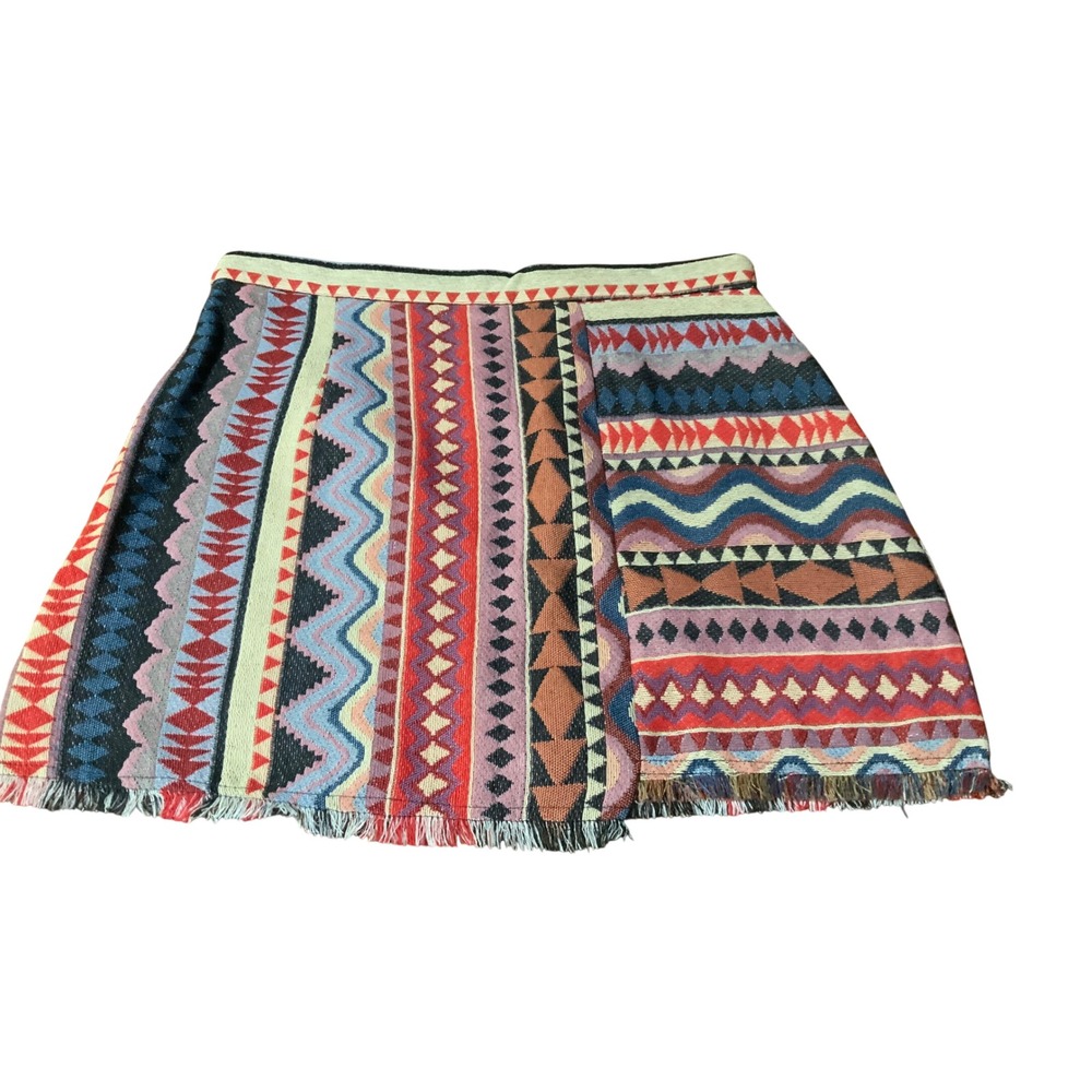 SHEIN Women Large Southwestern Tapestry Print Fringe Mini Skirt Multi-Color